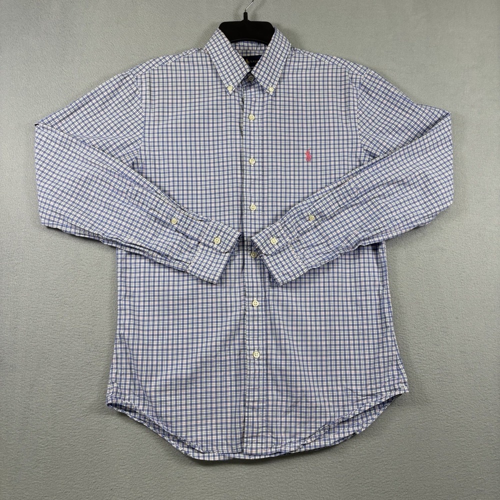 Ralph Lauren Mens M Slim Fit Button Down Shirt Blue Plaid Check Pony Preppy